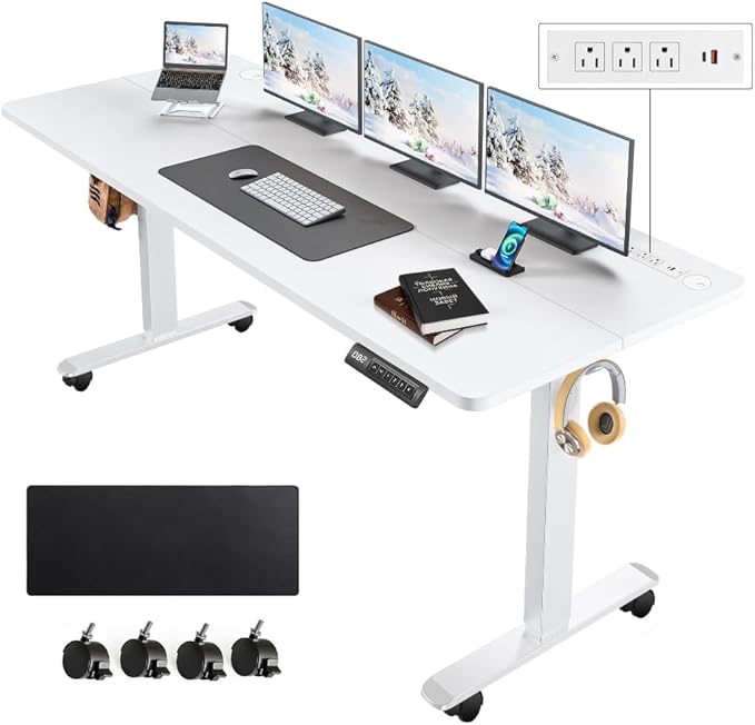 Electric Standing Desk 63 x 24 Inches Adjustable Height Sit Stand Up Desk for Home Office Computer Workstation with 2 USB Ports 3 AC Power Outlets Memory Preset and Wheels,White