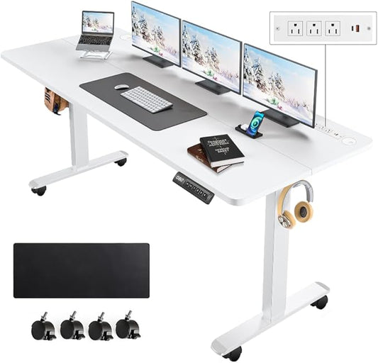 Electric Standing Desk 63 x 24 Inches Adjustable Height Sit Stand Up Desk for Home Office Computer Workstation with 2 USB Ports 3 AC Power Outlets Memory Preset and Wheels,White