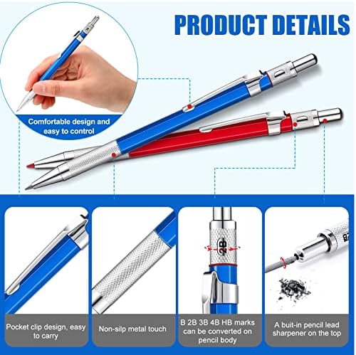 2 Pcs Welders Pencil with 48 PCS Round Refills Mechanical Pencils Metal Welding Marker for Tube Pipe Fitter Welder Steel Construction Woodworking (Red, Silver, Yellow)