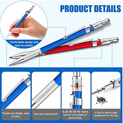 2 Pcs Welders Pencil with 48 PCS Round Refills Mechanical Pencils Metal Welding Marker for Tube Pipe Fitter Welder Steel Construction Woodworking (Red, Silver, Yellow)
