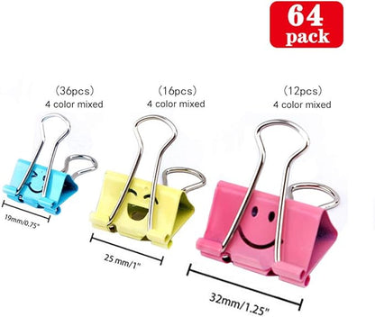 【64pack】 Binder Clips, Limque Paper Clips,Paper Clamps with Colored Cute Hollow Smiling Face,64 Pcs Assorted Size Clip, for Office,Teacher Gifts and Kitchen (BC-64pack)