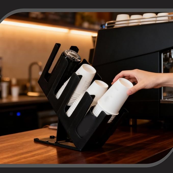 Coffee Cup Dispenser Plastic Disposable Paper Cup and Lid Holder with 4 Compartment Adjusting for Countertop Coffee Station Bar Office Home Restaurant Kitchens (Black)