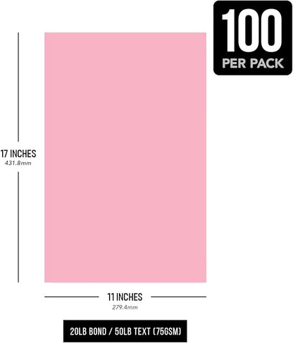 Pink Pastel Colored Paper - Perfect for Documents, Invitations, Posters, Flyers, Menus, Arts and Crafts | 11" x 17" | Regular 20lb Bond (75gsm) Paper - Smooth Finish | Bulk Pack of 100 Sheets