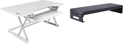 Rocelco 46" Large Height Adjustable Standing Desk Converter with Double Monitor Mount Stand BUNDLE - Quick Sit Stand Up Computer Workstation Riser - Retractable Keyboard Tray - White (R DADRW-46-DMS)