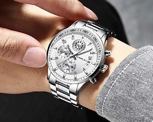 CRRJU Men's Fashion Stainless Steel Watches Date Waterproof Chronograph Wristwatches,Black Steel Band Waterproof Quartz Watch for Men