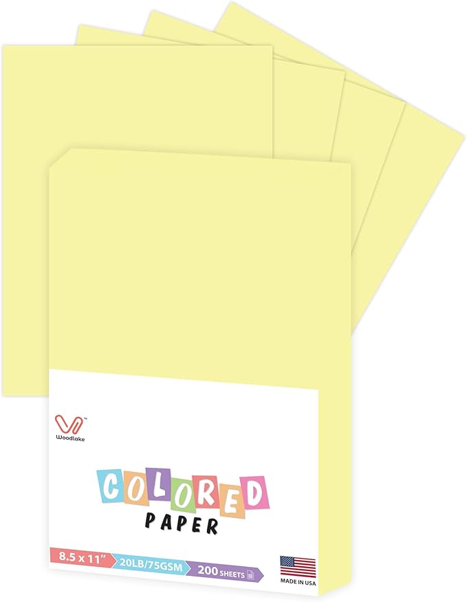 Woodlake Yellow Paper, 8.5 x 11” Letter Size, 20 LB/75 GSM, 200 Sheets, Acid-Free, Multi-Purpose Pastel Paper for Printer Copy,Made in USA