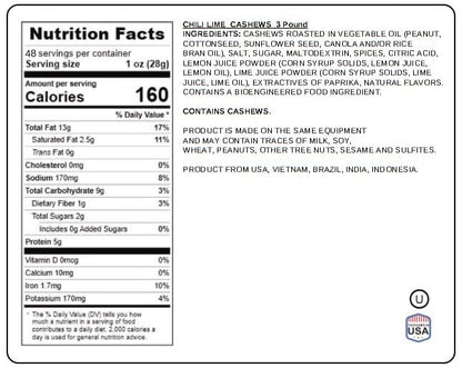 Chili Lime Cashews 3 Pounds - Spicy & Tangy Flavored Cashew | Resealable Bag | Gourmet Roasted Nuts | Perfect Snack for On-the-Go, Parties, and Gifting | High Protein | Healthy Snacking | Jaybee's Nuts