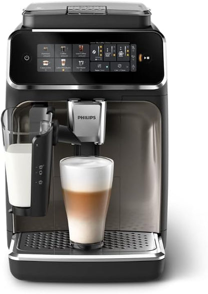 PHILIPS 3300 Series Fully Automatic Espresso Machine - LatteGo Milk System, 5 Coffee Varieties, Intuitive Touch Display, SilentBrew, 100% Ceramic Grinder, AquaClean Filter, Glossy Black (EP3347/90)