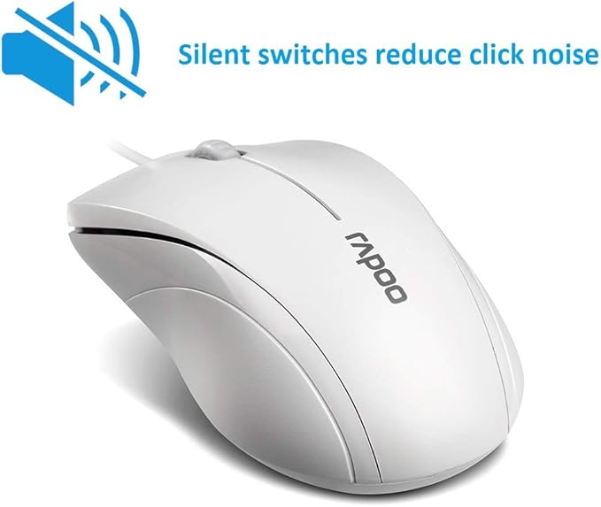 Rapoo N1600 3-Button Quiet Wired Mouse, 1000DPI Optical Mouse, Quiet Button, Ergonomic Shape, for Desktop Computers Laptops, Matte White