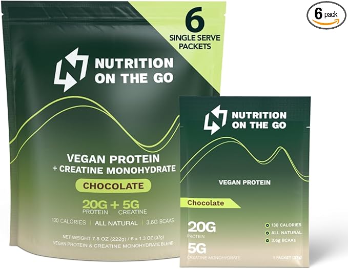 Nutrition On The Go Vegan Protein Powder Packets with Creatine – 20g Plant Proteins + 5g Creatine – Single-Serve Travel Protein Powder – All-Natural, Gluten-Free – Chocolate – (6-Pack)
