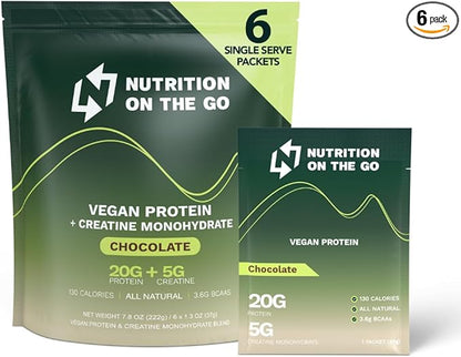 Nutrition On The Go Vegan Protein Powder Packets with Creatine – 20g Plant Proteins + 5g Creatine – Single-Serve Travel Protein Powder – All-Natural, Gluten-Free – Chocolate – (6-Pack)