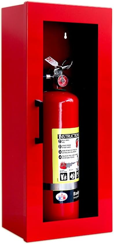 Fire Extinguisher Mount - Red Cabinet with Door - 22 Gauge Steel, Powdercoat Finish, Metal Handle, Universal Wall Mountability - 5-10 lb. Capacity - Made in USA - Extinguisher Not Included