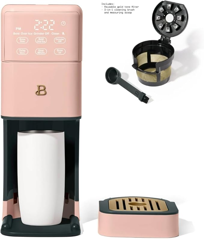 Beautiful Single Serve Coffee Maker with Built-In Burr Grinder, Hot or Iced, Pod-Free, 6 Brew Sizes, 3 Strengths, Touch Display, Reusable Filter, 64oz Reservoir, Slim Design (Rose)