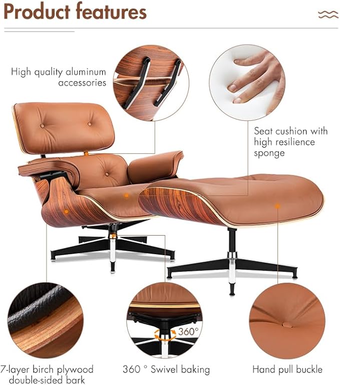 Mid Century Chaise Lounge Chair with Ottoman, Top Black Grain Leather, Modern Office Chair Classic Design, Heavy Duty Base Support for Living Room Study Lounge Office