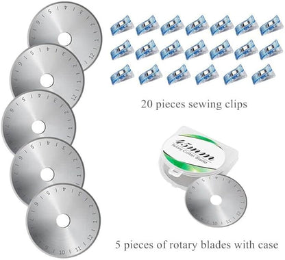 Headley Tools Rotary Cutter Set - 45mm Fabric Cutter, 5 Extra Rotary Blades, A3 Cutting Mat, Quilting Ruler and Sewing Clips, Craft Knife Set, Ideal for Crafting, Sewing, Patchworking,Turquoise