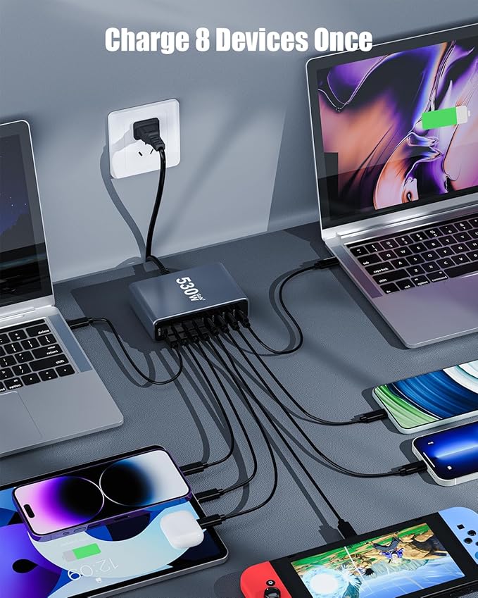 530W USB C Charger Block,8 - Port USB C Charging Station GaN IV Travel Essentials Multiple Port Charging Station,140W Laptop Fast Charger Adapter for MacBook Pro/Air,DELL,iPad,iPhone,Samsung Galaxy | Wall Chargers - TrueDesk
