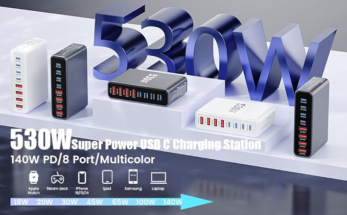 530W USB C Charger Block,8 - Port USB C Charging Station GaN IV Travel Essentials Multiple Port Charging Station,140W Laptop Fast Charger Adapter for MacBook Pro/Air,DELL,iPad,iPhone,Samsung Galaxy | Wall Chargers - TrueDesk