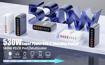 530W USB C Charger Block,8 - Port USB C Charging Station GaN IV Travel Essentials Multiple Port Charging Station,140W Laptop Fast Charger Adapter for MacBook Pro/Air,DELL,iPad,iPhone,Samsung Galaxy | Wall Chargers - TrueDesk