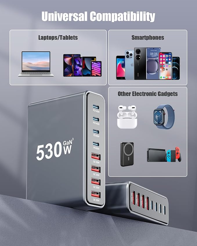 530W USB C Charger Block,8 - Port USB C Charging Station GaN IV Travel Essentials Multiple Port Charging Station,140W Laptop Fast Charger Adapter for MacBook Pro/Air,DELL,iPad,iPhone,Samsung Galaxy | Wall Chargers - TrueDesk