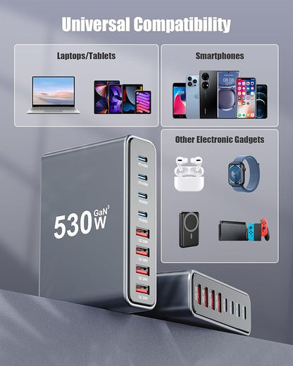 530W USB C Charger Block,8 - Port USB C Charging Station GaN IV Travel Essentials Multiple Port Charging Station,140W Laptop Fast Charger Adapter for MacBook Pro/Air,DELL,iPad,iPhone,Samsung Galaxy | Wall Chargers - TrueDesk