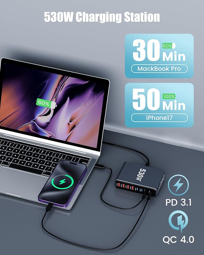 530W USB C Charger Block,8 - Port USB C Charging Station GaN IV Travel Essentials Multiple Port Charging Station,140W Laptop Fast Charger Adapter for MacBook Pro/Air,DELL,iPad,iPhone,Samsung Galaxy | Wall Chargers - TrueDesk
