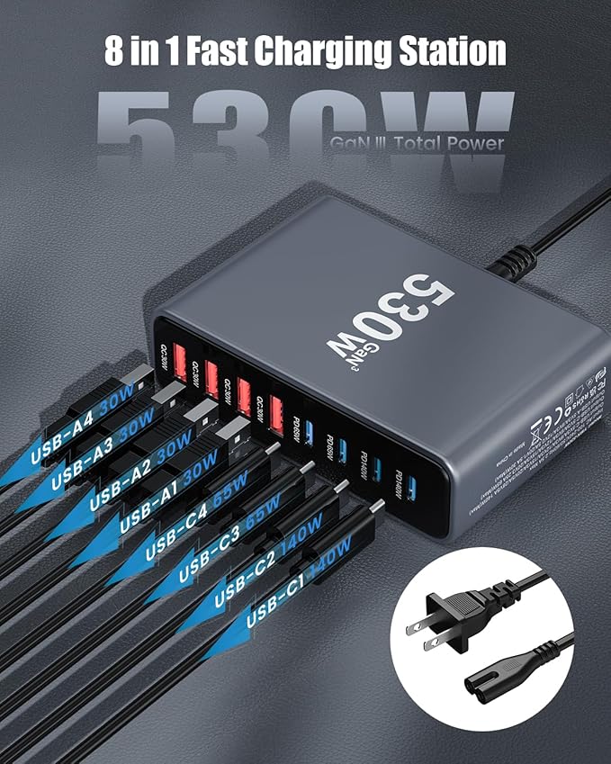 530W USB C Charger Block,8 - Port USB C Charging Station GaN IV Travel Essentials Multiple Port Charging Station,140W Laptop Fast Charger Adapter for MacBook Pro/Air,DELL,iPad,iPhone,Samsung Galaxy | Wall Chargers - TrueDesk