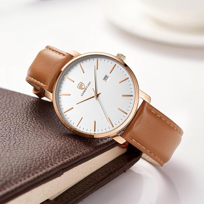 CHEETAH Minimalist Waterproof Quartz Watches for Men with Leather Strap, Auto Date