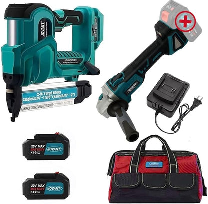 Cordless 18GA Nail Gun and 7/8" Angle Grinder, 2 in 1 Brad Nailer Cordless with 2 * 4.0A Batteries, for Woodworking, Flooring, Roofing and Upholstery JOVANT