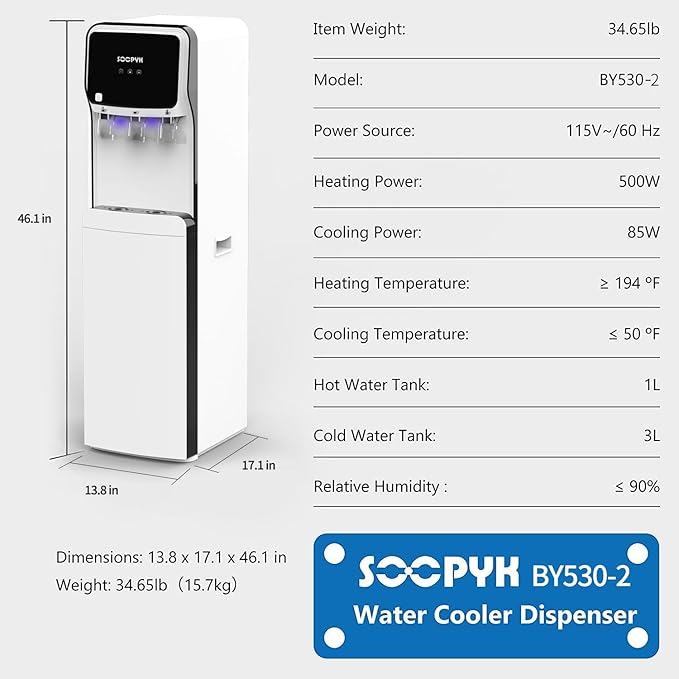 Self-Cleaning Bottom Load Water Cooler Dispenser for 5 Gallon Bottle 3 Temperature Settings Empty Bottle Alert Nightlight White