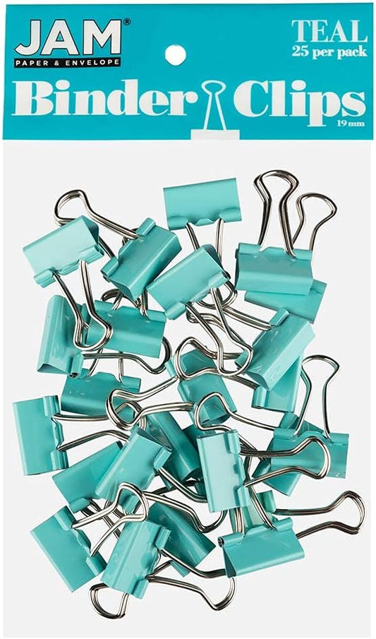 JAM PAPER Colorful Binder Clips - Small - 3/4 Inch (19 mm) - Teal Binderclips - 25/Pack