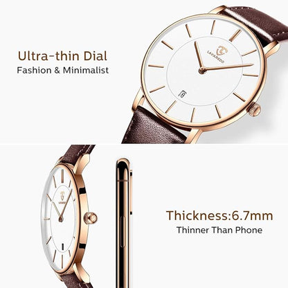 L LAVAREDO Watch for Men, Extremely Thin Mens Watches Minimalist Analog Men's Leather Wrist Watches with Time/Date, Birthday Gift for Men Boyfriend