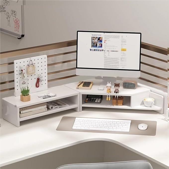 Laptop Stand for Desktop Computer, Corner Monitor Stand for Desk, Office Desk Accessories and Organizer, Multifunctional Space-Saving Corner Desk Shelf(White)