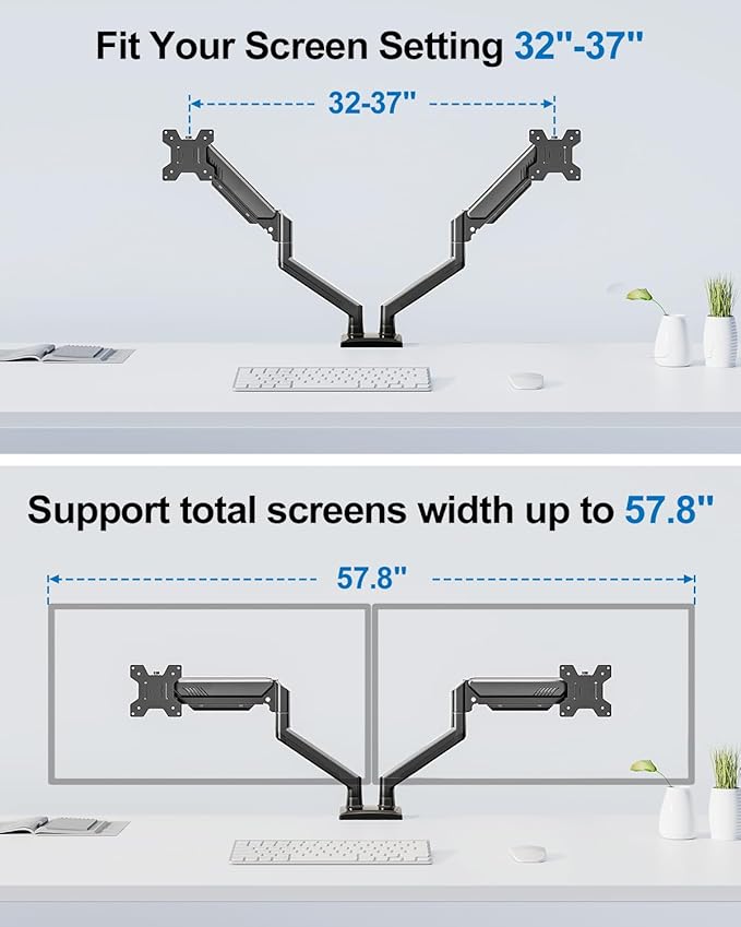 Dual Monitor Mount Fits 17 to 32 Inch Computer Screen, Dual Monitor Arm Hold 4.4-19.8lbs Each, Full Motion Monitor Desk Mounts for 2 Monitors, Gas Spring Monitor Stand, VESA Mount, Freelift