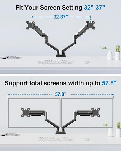 Dual Monitor Mount Fits 17 to 32 Inch Computer Screen, Dual Monitor Arm Hold 4.4-19.8lbs Each, Full Motion Monitor Desk Mounts for 2 Monitors, Gas Spring Monitor Stand, VESA Mount, Freelift