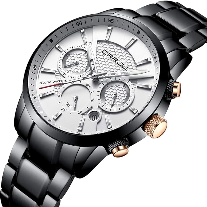 CRRJU Men's Business Casual Chronograph Quartz Waterproof Wristwatch Black Leather Strap