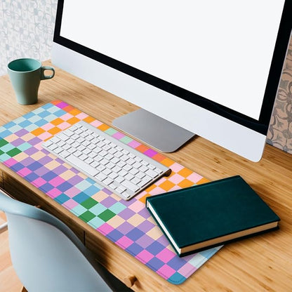 Colorful Plaid Desk Mat Cute Grid Red Blue Pink Yellow Large Gaming Mouse Mat with Stitched Edges,Non-Slip Waterproof Rubber Base Mous Mat 31.5"x11.8"