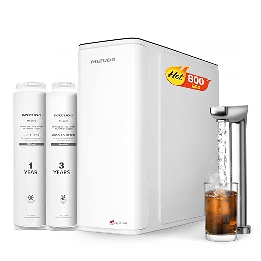 2-in-1 RO System & Instant Hot Water Dispenser, MIZUDO 800GPD Tankless Reverse Osmosis Water Filter, NSF/ANSI Certified, 9 Stage Under Sink RO System, 3:1 Pure to Drain, Hot and Cold Smart Faucet
