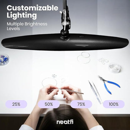 Neatfi XL LED Desk Lamp with Clamp, 2200 Lumens, 24W, 20-Inch Wide Head, Dimmable 4 Brightness Levels, Task Light for Home Office, Crafts, Workbench (Non-CCT, Black)