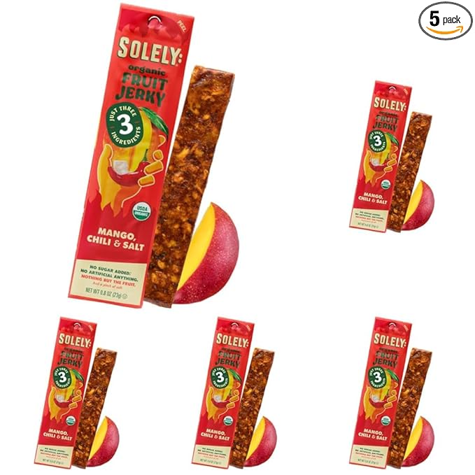 SOLELY - Organic Spicy Mango Chili and Salt Fruit Jerky - 1 Individually Wrapped Fruit Strip - Fruit Leather Made from Dried Fruit - Healthy Snacks for Adults & Kids - Vegan, Non GMO - 0.8oz (23g)