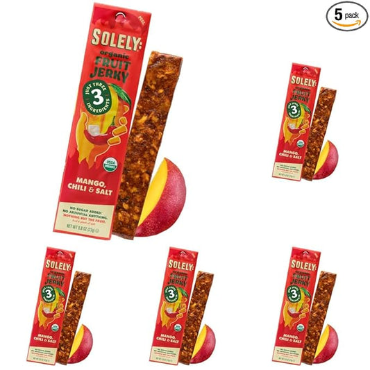 SOLELY - Organic Spicy Mango Chili and Salt Fruit Jerky - 1 Individually Wrapped Fruit Strip - Fruit Leather Made from Dried Fruit - Healthy Snacks for Adults & Kids - Vegan, Non GMO - 0.8oz (23g)