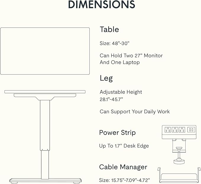 FLEXISPOT EN2 Whole-Piece Standing Desk with Clamp Power Strip, 48 x 30 Electric Stand Up Height Adjustable Desk with Cable Management (White Frame + 48" White Desktop, 2 Packages)