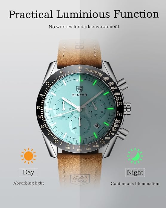 BY BENYAR Watch for Men Analog Quartz Chronograph Waterproof Luminous Designer Mens Wrist Watches Business Work Sport Casual Dress Watch with Silicone Strap Elegant Gifts for Men