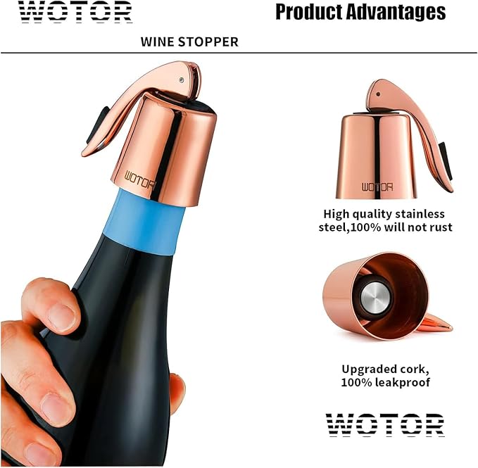 WOTOR Stainless Steel Wine Bottle Stoppers with Silicone - Reusable Wine Saver and Decorative Bottle Sealer, Leakproof, Keep Fresh, Rosegold, 2 Pack