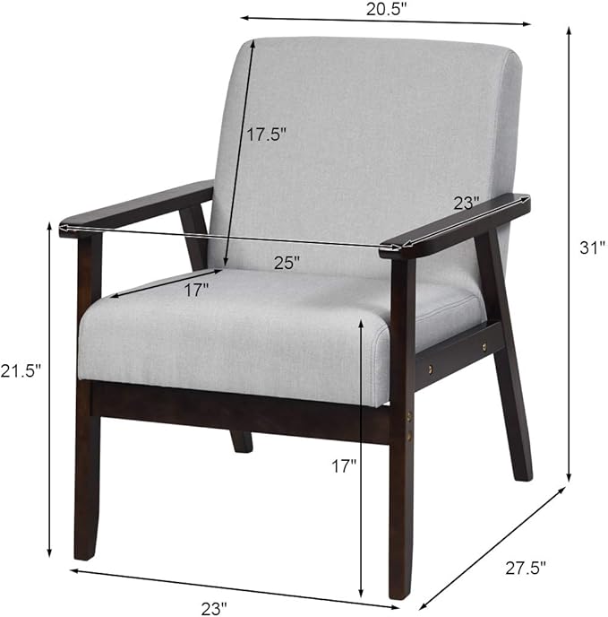 Giantex Mid-Century Modern Accent Chair, Retro Fabric Armchair, Solid Hardwood Made, Upholstered Linen Lounge Arm Chair for Living Room (1, Light Grey)
