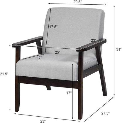 Giantex Mid-Century Modern Accent Chair, Retro Fabric Armchair, Solid Hardwood Made, Upholstered Linen Lounge Arm Chair for Living Room (1, Light Grey)