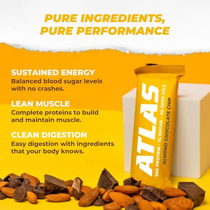 Atlas Bar – 20g Protein, 1g Sugar, 0g Seed Oils, 0g Artificial Sweeteners (Almond Chocolate Chip, 12 Count) (12 Count, Almond Chocolate Chip)