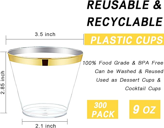 Nervure 120PCS Gold Plastic Cups - 9Oz Gold Rimmed Plastic Cups - Heavy Duty Disposable Clear Cup with Gold Rim Perfect for Weddings, Receptions & Parties