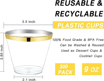 Nervure 120PCS Gold Plastic Cups - 9Oz Gold Rimmed Plastic Cups - Heavy Duty Disposable Clear Cup with Gold Rim Perfect for Weddings, Receptions & Parties