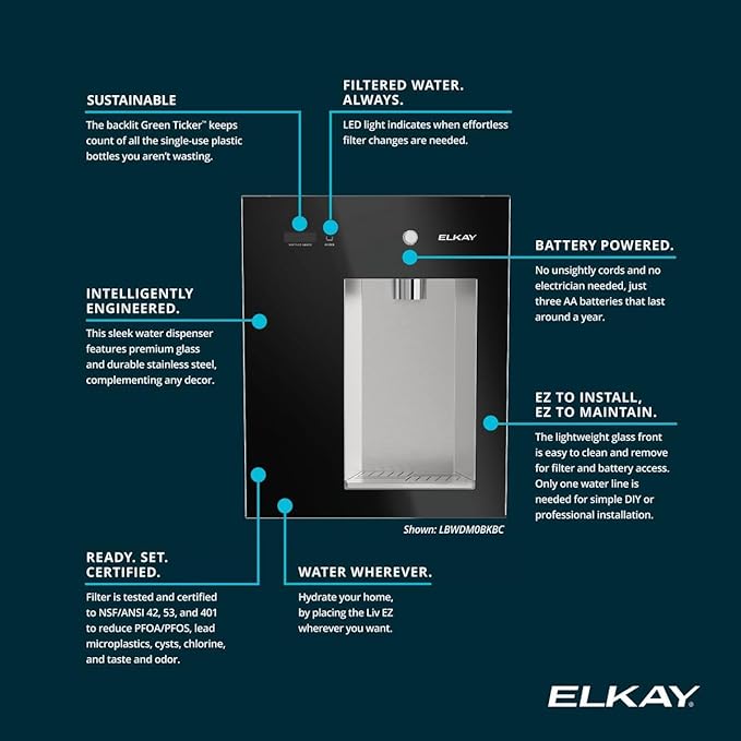 Elkay Liv EZ Built-in Filtered Wall-Mount Water Dispenser – Battery Powered, NSF Certified, Push Button, Reduces Lead & PFAS, Midnight Black – Ideal for Home