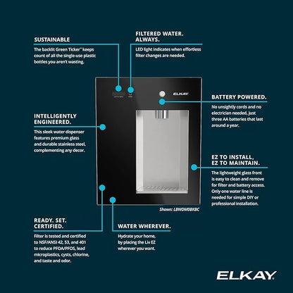 Elkay Liv EZ Built-in Filtered Wall-Mount Water Dispenser – Battery Powered, NSF Certified, Push Button, Reduces Lead & PFAS, Midnight Black – Ideal for Home